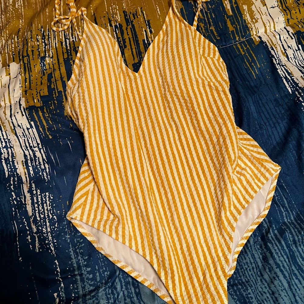 Yellow and White Striped Swimwear